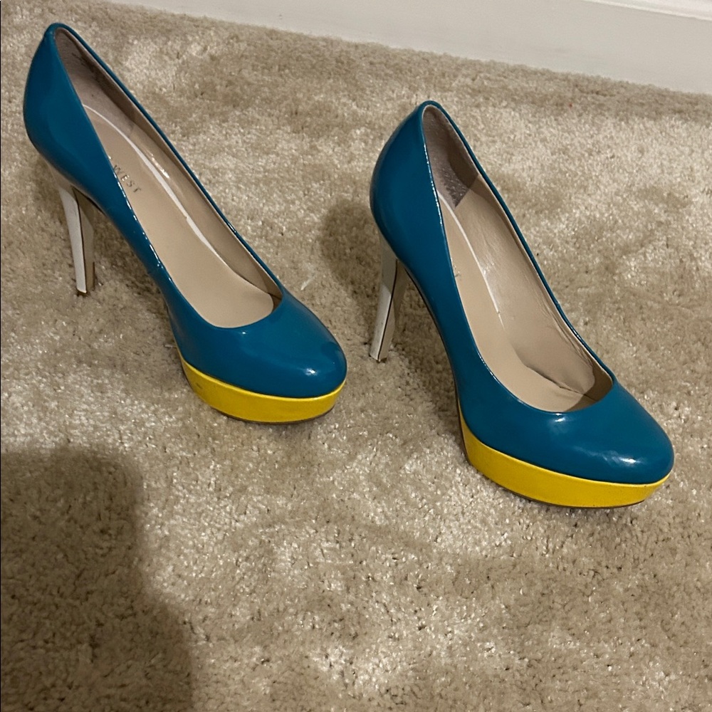 Nine West Teal and Yellow Platform Heels